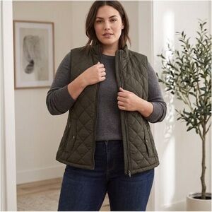 ALLEGRA K Quilted Sleeveless Puffer Vest - Olive Green. Size M